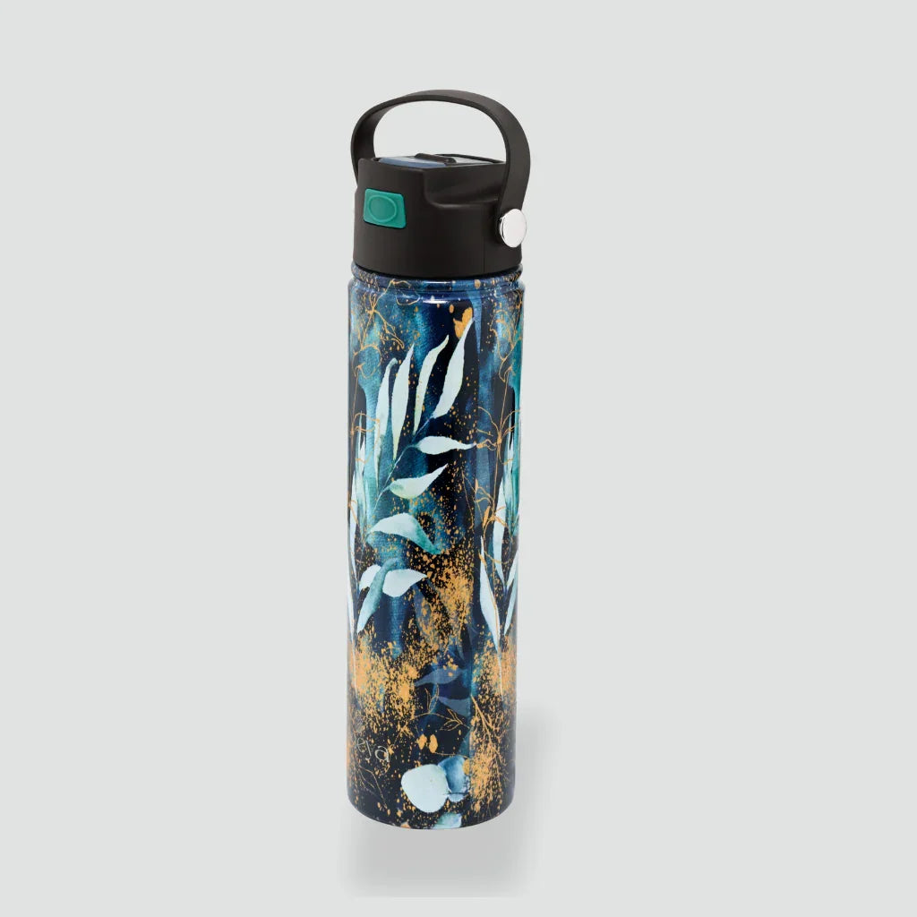 Stainless steel insulated water bottle with blue and gold abstract leaf design and black lid