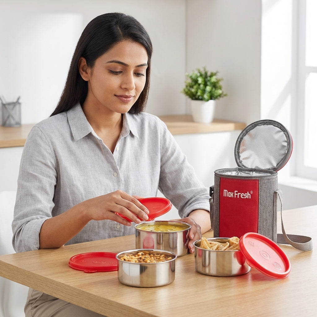 Woman opening stainless steel lunch boxes with red lids and insulated lunch bag on table
