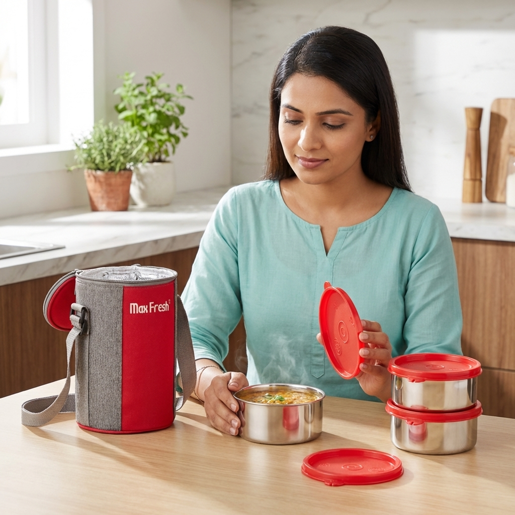 Woman in kitchen with stainless steel lunch box set, insulated bag, and red lids
