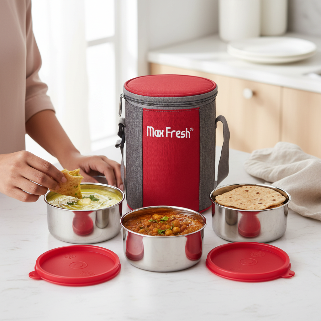 Stainless steel lunch containers with red lids and insulated food carrier in modern kitchen