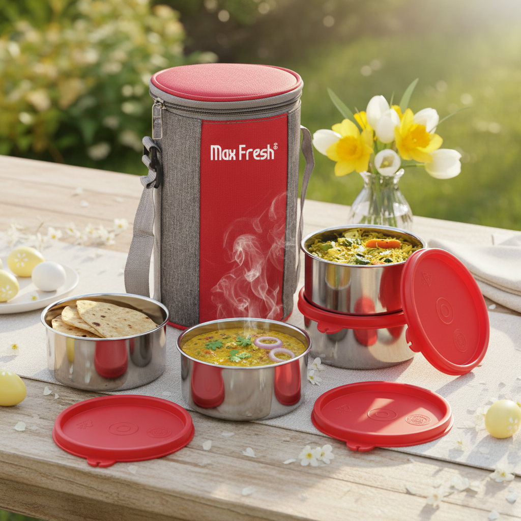 Stainless steel lunch box set with red lids and insulated carrier on outdoor table