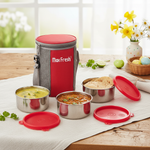Stainless steel lunch box set with red lids and insulated carrier on kitchen table