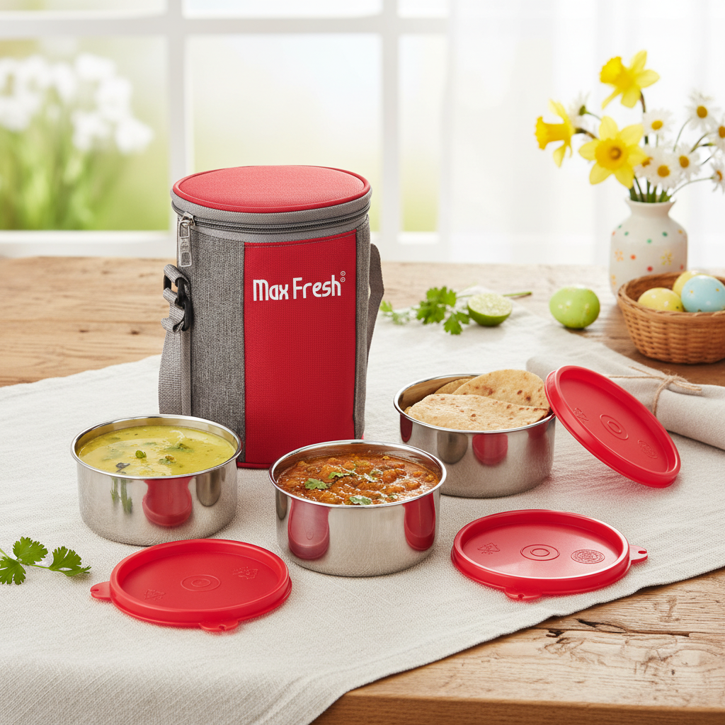 Stainless steel lunch box set with red lids and insulated carrier on kitchen table