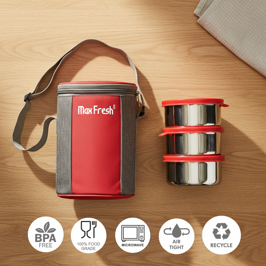 Insulated lunch bag with three stainless steel containers and red lids, BPA free, microwave safe.