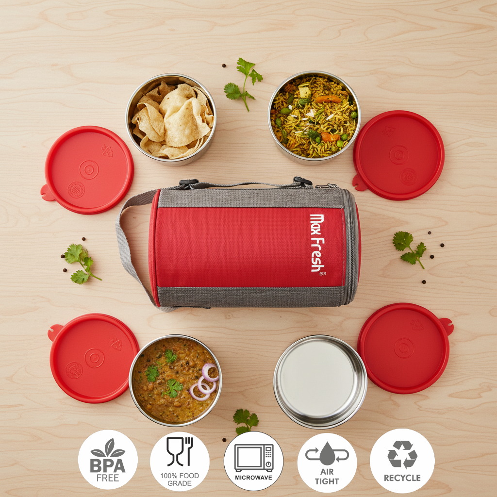 Stainless steel lunch box set with red lids, insulated carrier bag, and various food items.