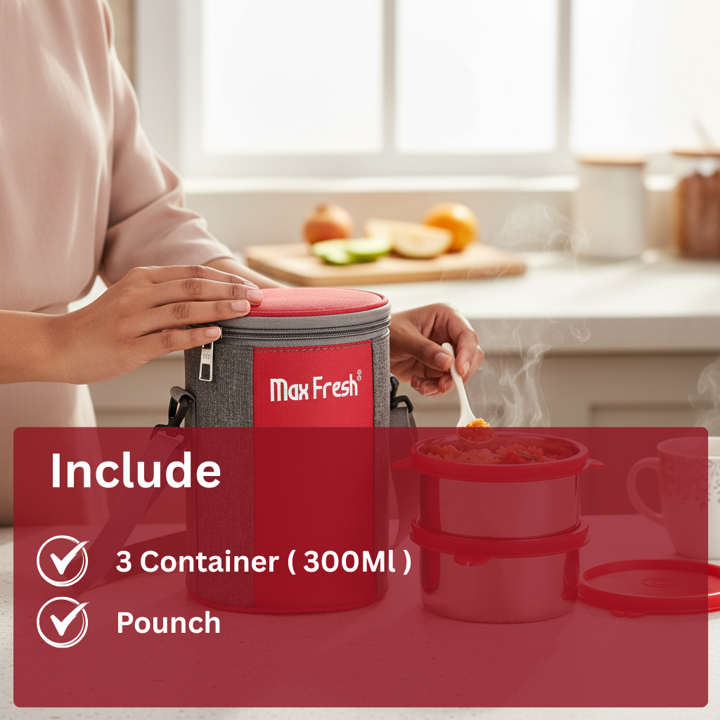 Insulated lunch pouch with three stainless steel food containers, kitchen countertop setting