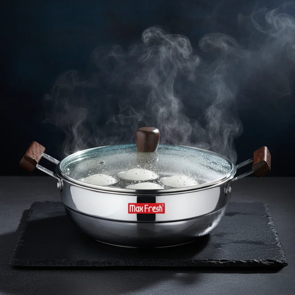 Triply stainless steel multi kadai with glass lid, wooden handles, steaming food inside