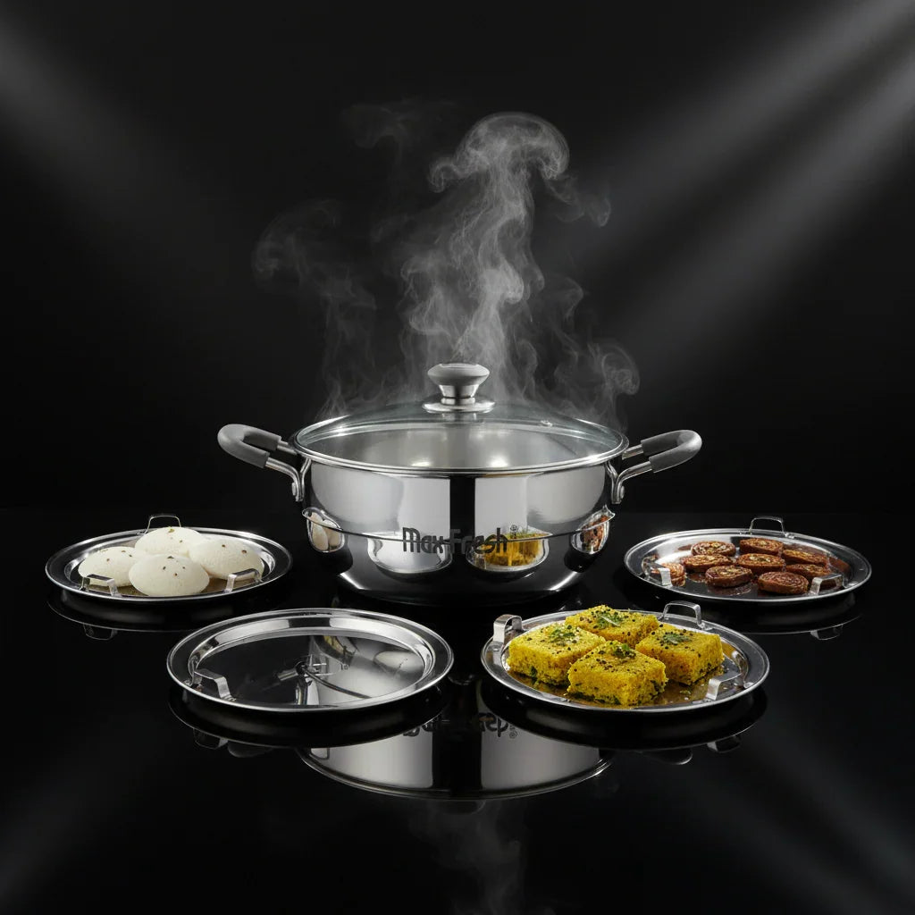 Stainless steel triply multi kadai with glass lid and assorted steaming plates on black background