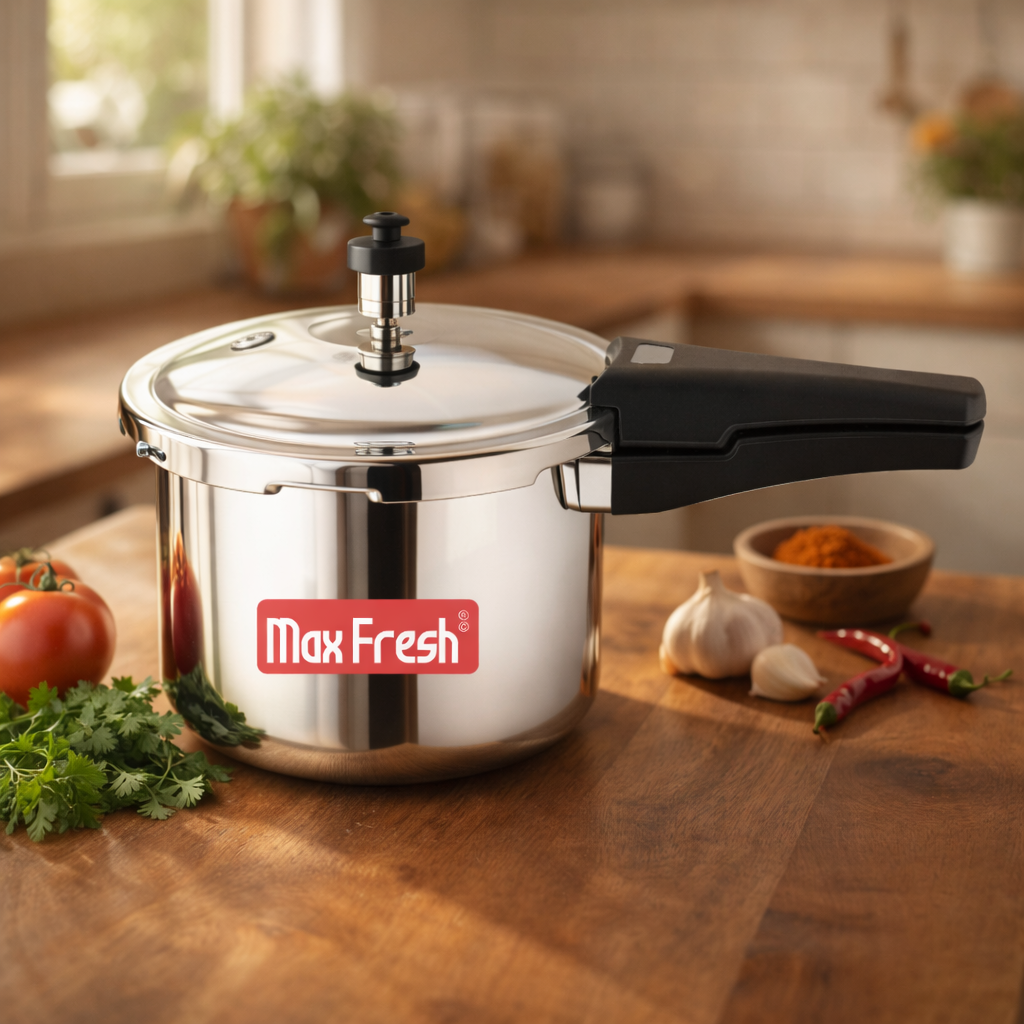 Stainless steel triply pressure cooker with black handle on kitchen counter with fresh ingredients