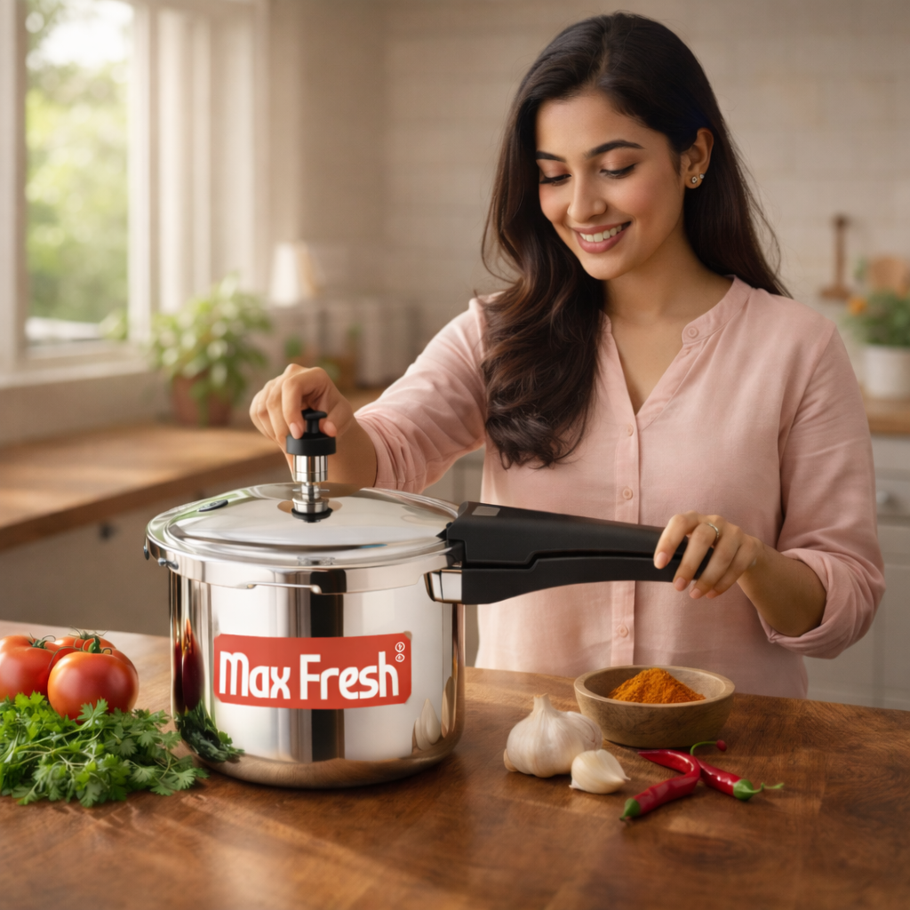 Woman using stainless steel outer lid pressure cooker with handle in modern kitchen