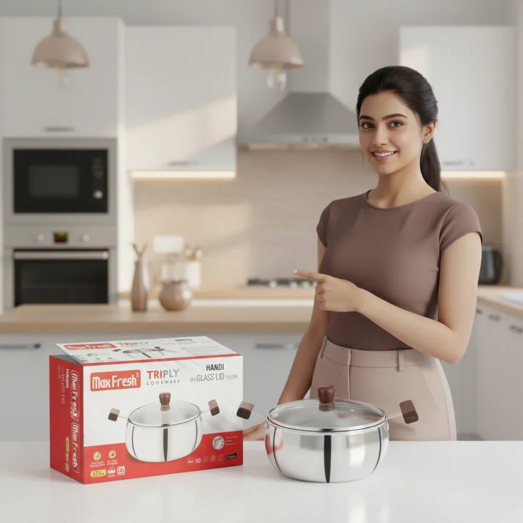 Smiling woman in modern kitchen presenting MaxFresh Triply cookware handi with glass lid on white countertop