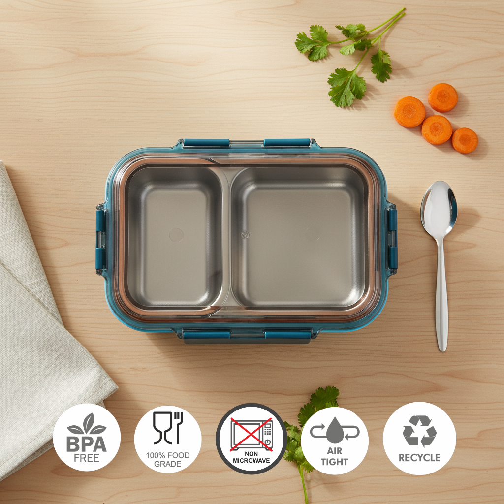 Stainless steel airtight lunch box with dual compartments, BPA free and food grade.