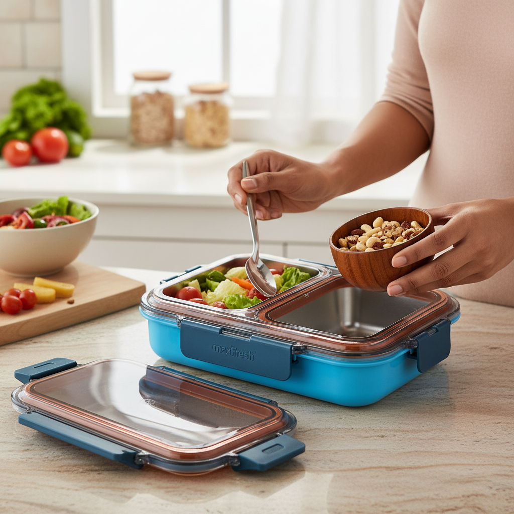 Stainless steel lunch box with compartments on kitchen counter, being filled with salad and nuts.
