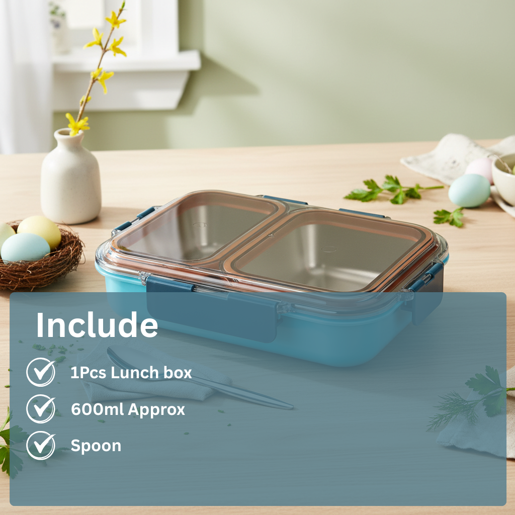Stainless steel lunch box with two compartments, spoon, and 600ml capacity on kitchen table