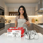 Load image into Gallery viewer, Smiling woman in apron presenting Max Fresh stainless steel casserole with glass lid in modern kitchen