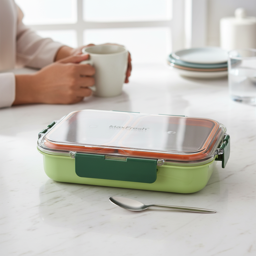 Green stainless steel food container with clear lid on kitchen table, person holding mug nearby