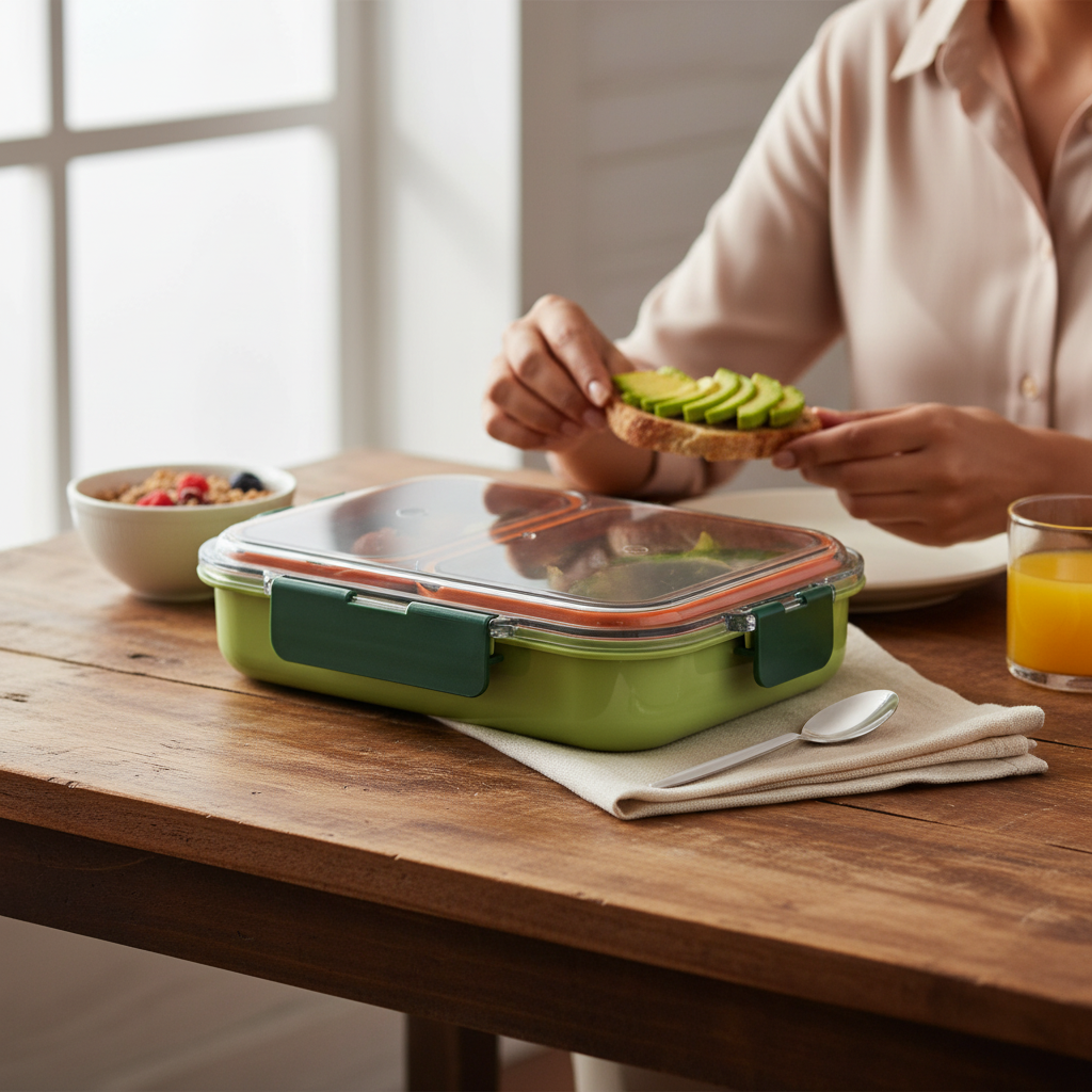 Green stainless steel food storage container on table with breakfast, orange juice, and a woman holding avocado toast.