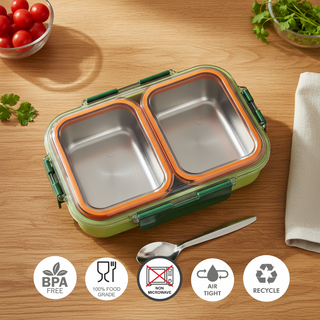 Stainless steel airtight lunch box with two compartments, BPA-free, food grade, non-microwave safe