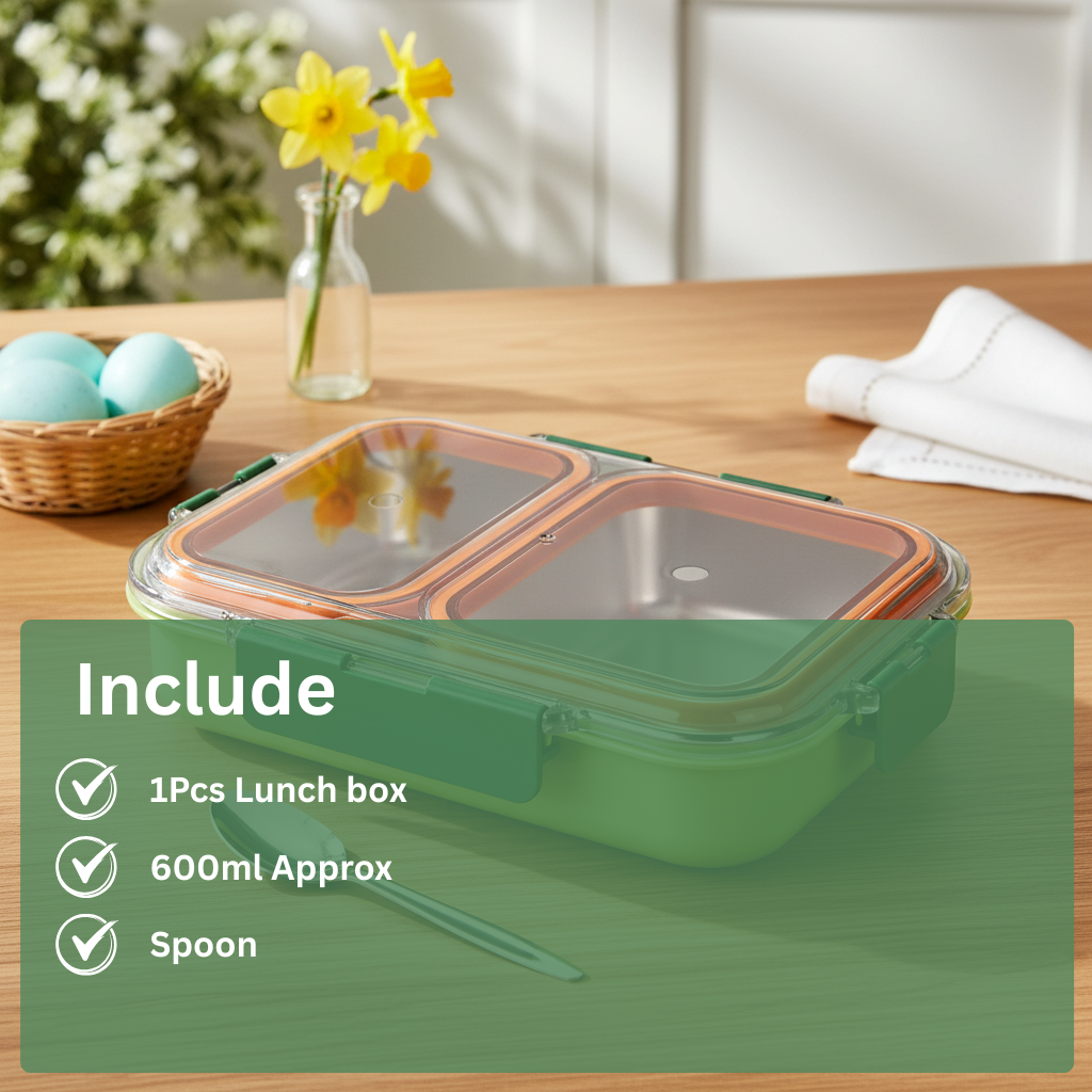 Stainless steel lunch box with spoon on wooden table, spring flowers and eggs in background, 600ml capacity.
