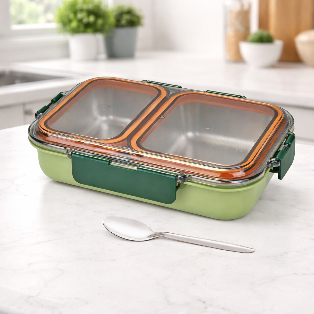 Stainless steel double-compartment casserole with airtight lid on kitchen countertop