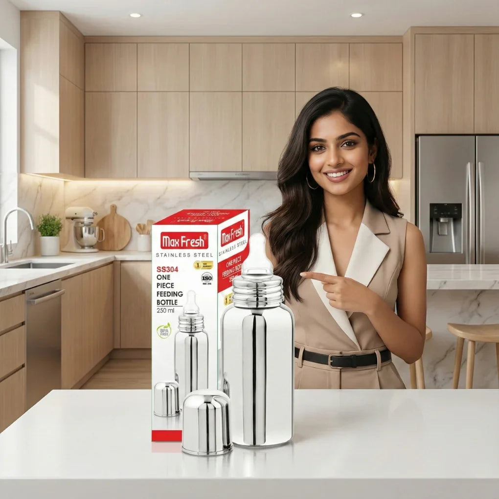 Smiling woman in beige outfit pointing at Max Fresh stainless steel baby feeding bottle in modern kitchen