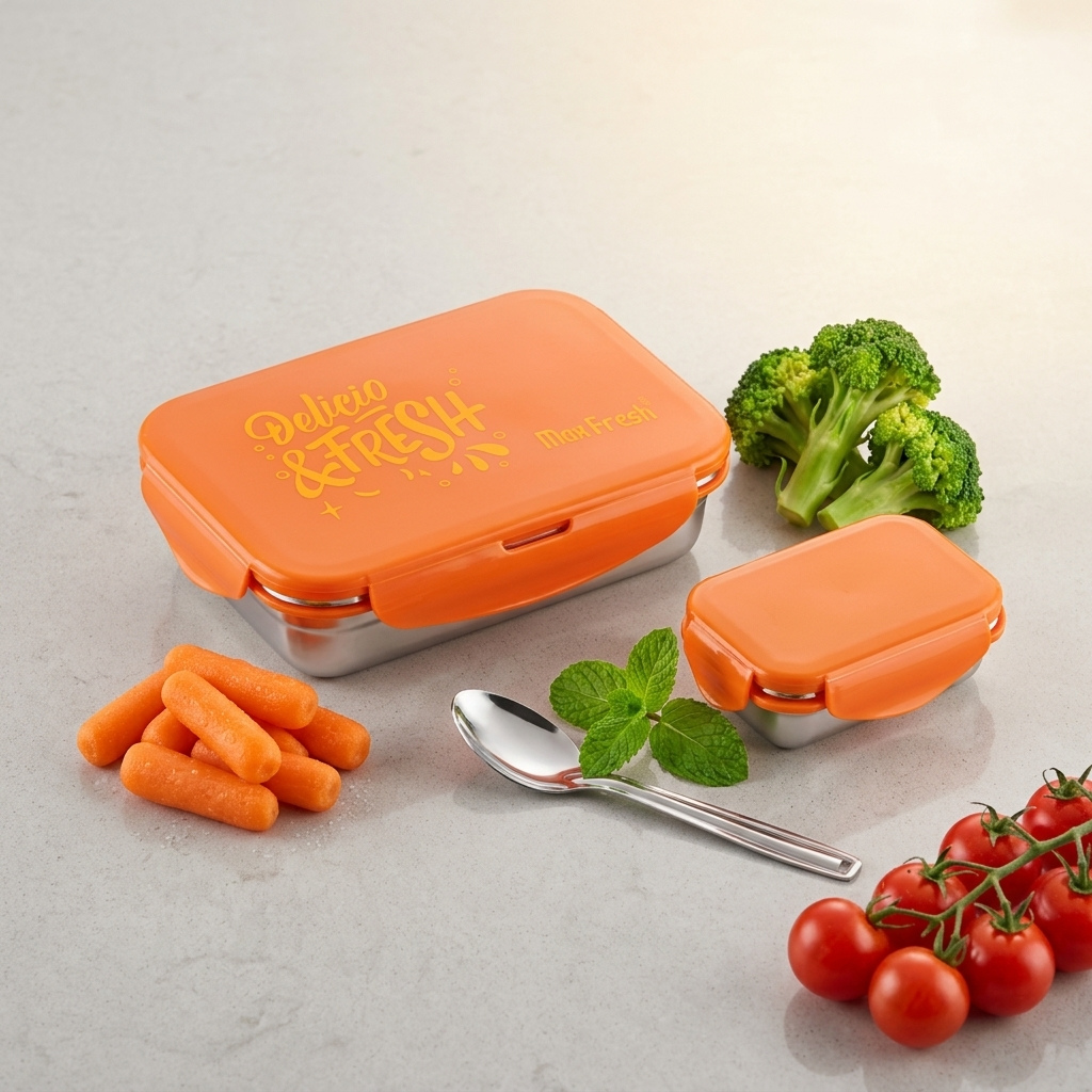 Stainless Steel Lunch Box Giggle Mealbox 1 Pc Lunch Box Plastic Lid (550ml) / 1 Small Box Plastic Lid (150ml) with Spoon