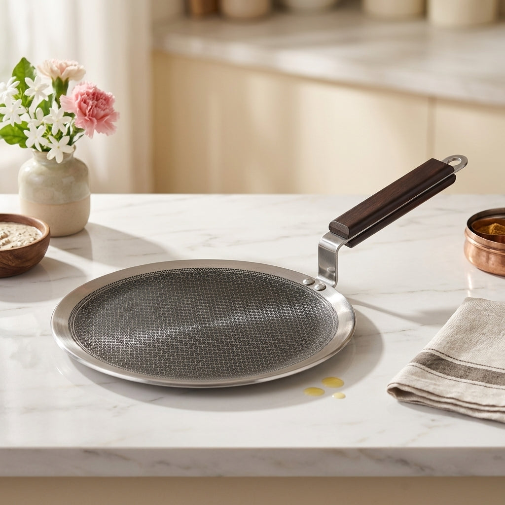 Triply Stainless Steel Honeycomb Tawa Non-Stick Roti/ Parathas/ Concave Tawa | Scratch Resistant | Induction Friendly | Riveted Cool Touch Handle | 3.5mm Thickness | 1 Years Warranty