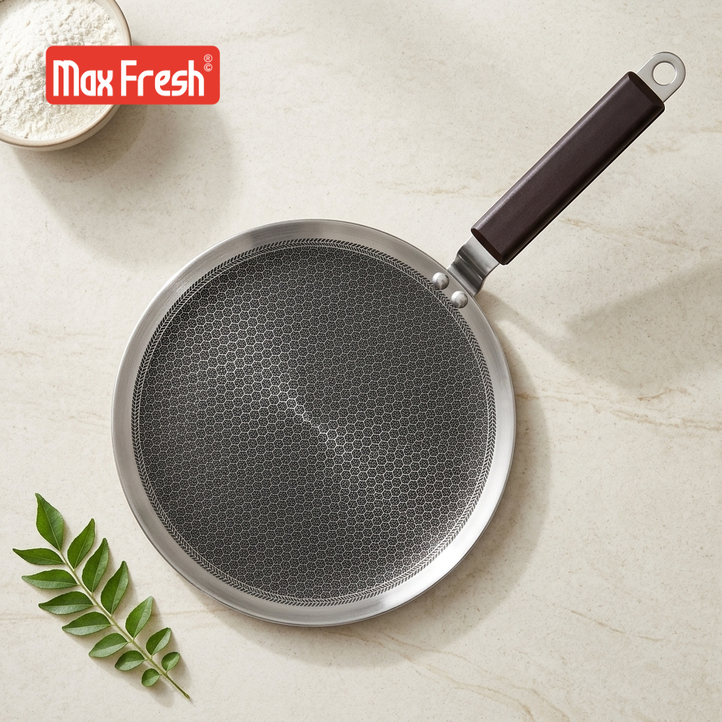 Metallic frying pan with honeycomb design on a light background, featuring the Max Fresh brand logo.