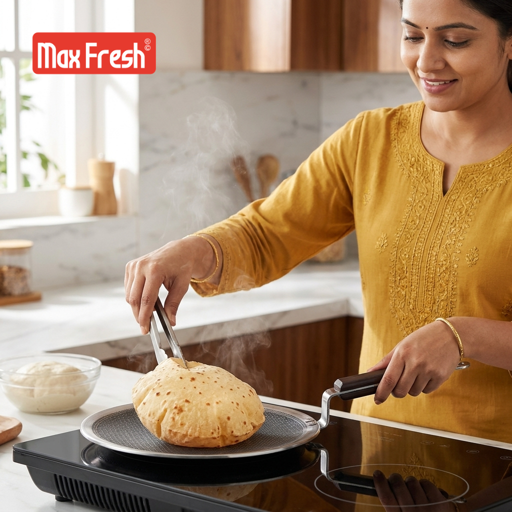 Woman cooking a flatbread on a hotplate in a kitchen with Max Fresh branding.