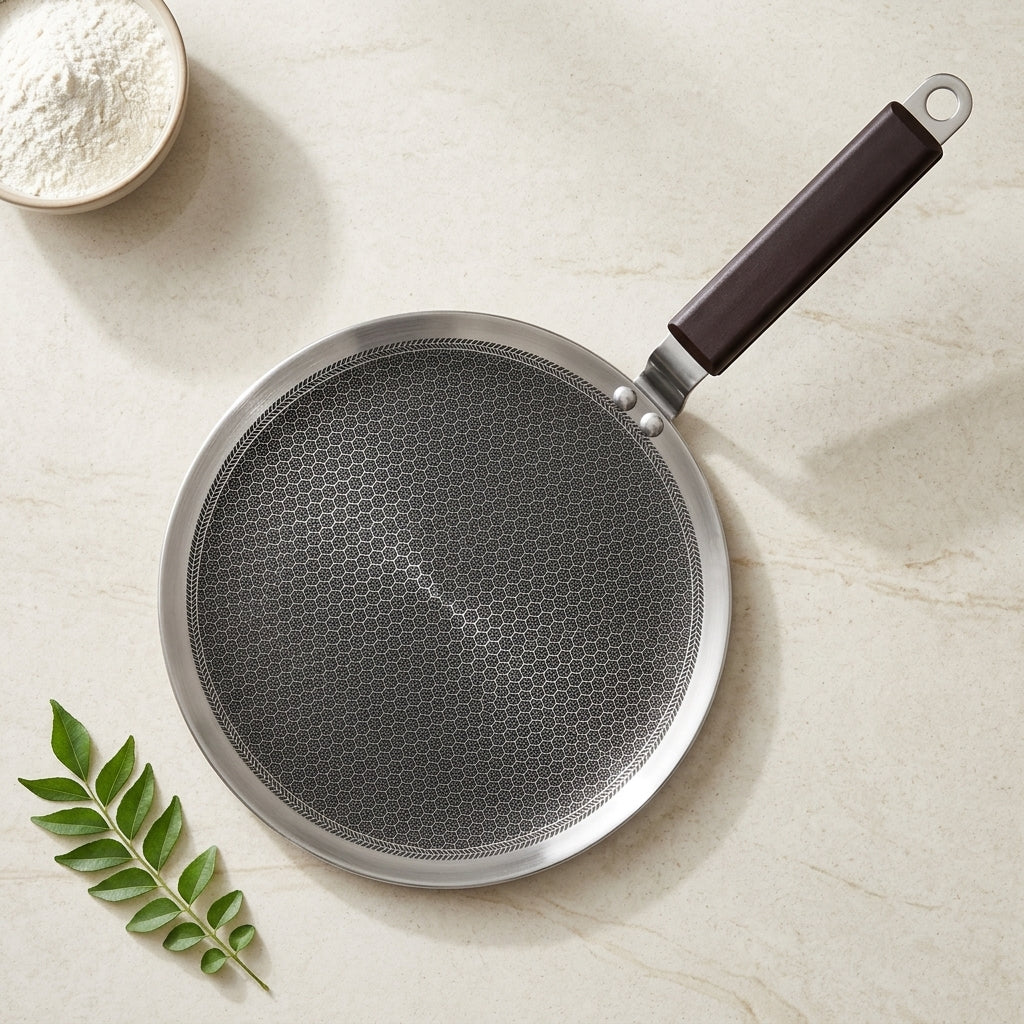 Triply Stainless Steel Honeycomb Tawa Non-Stick Roti/ Parathas/ Concave Tawa | Scratch Resistant | Induction Friendly | Riveted Cool Touch Handle | 3.5mm Thickness | 1 Years Warranty