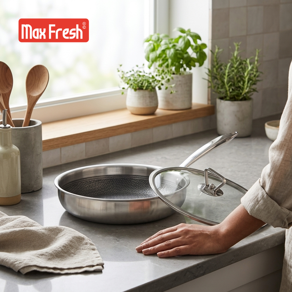 Person holding a stainless steel frying pan on a kitchen counter with Max Fresh branding.