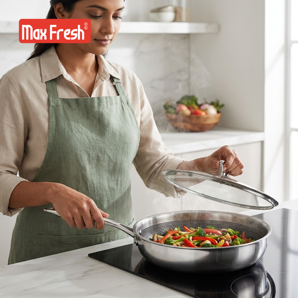 Woman cooking vegetables in a pan with Max Fresh logo in the corner