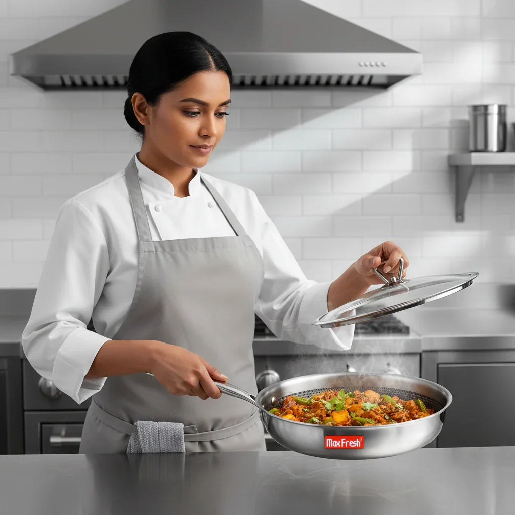 Chef cooking vegetables in premium stainless steel casserole with glass lid in modern kitchen