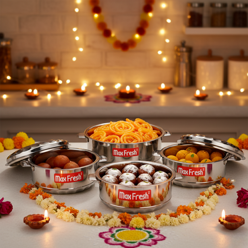Decorative setup with 'Max Fresh' containers, flowers, and candles on a festive background.