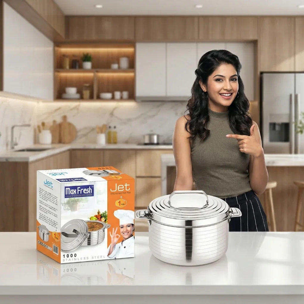 Smiling woman in modern kitchen presenting Jet Max Fresh stainless steel insulated hot pot and packaging