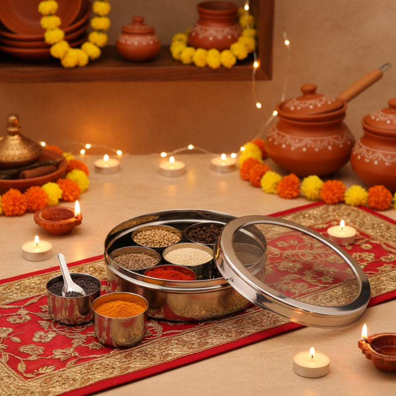 Decorative setup with spices, candles, and decorative items on a table.