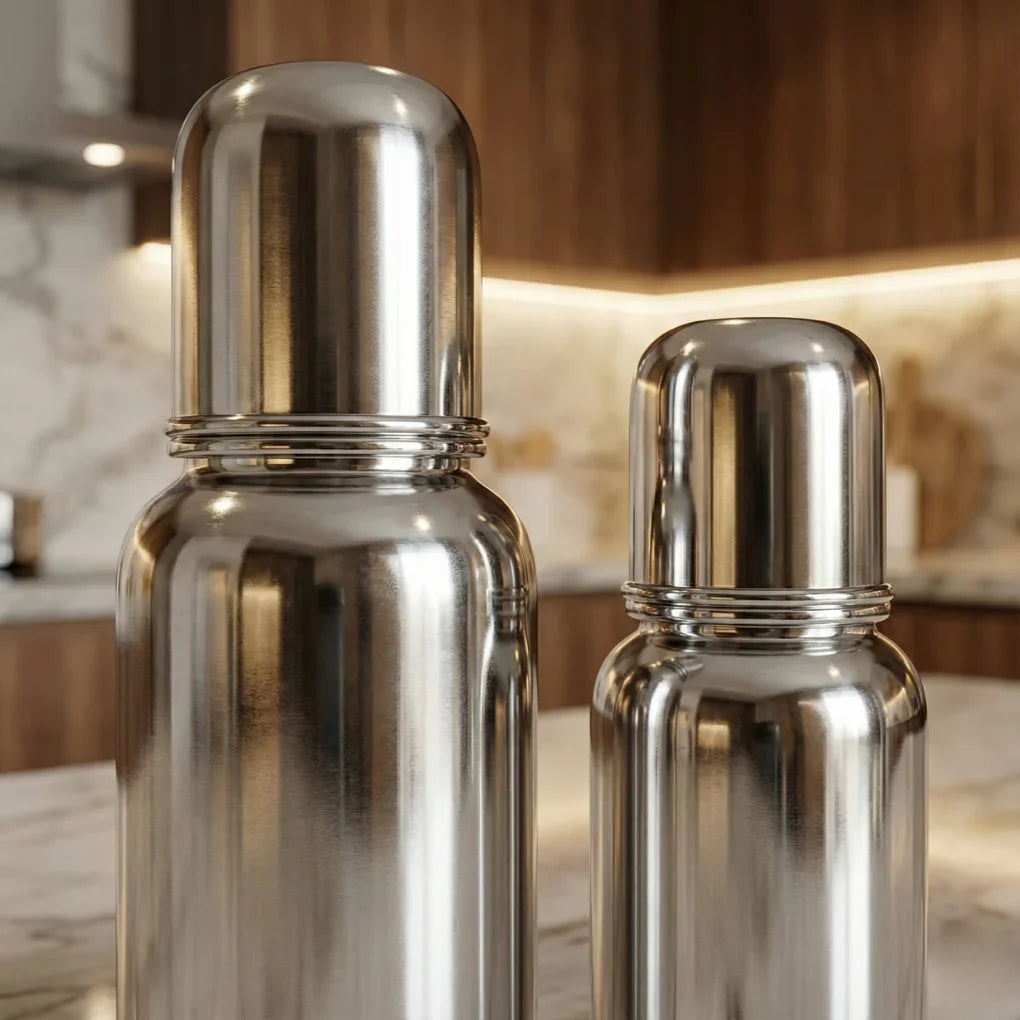 Two stainless steel Maxfresh feeding bottles on a marble kitchen countertop with wooden cabinets