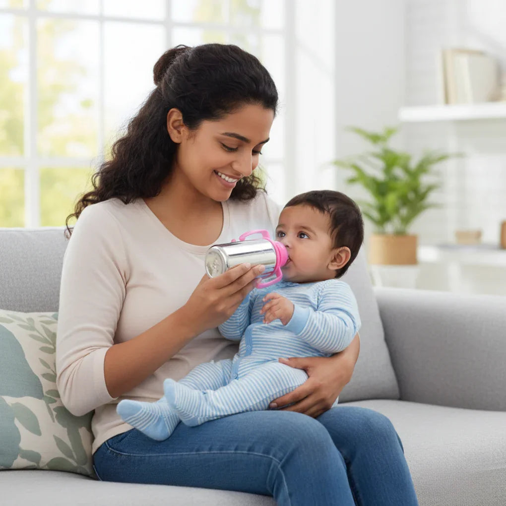 Mother feeding baby with stainless steel feeding bottle on sofa in bright living room