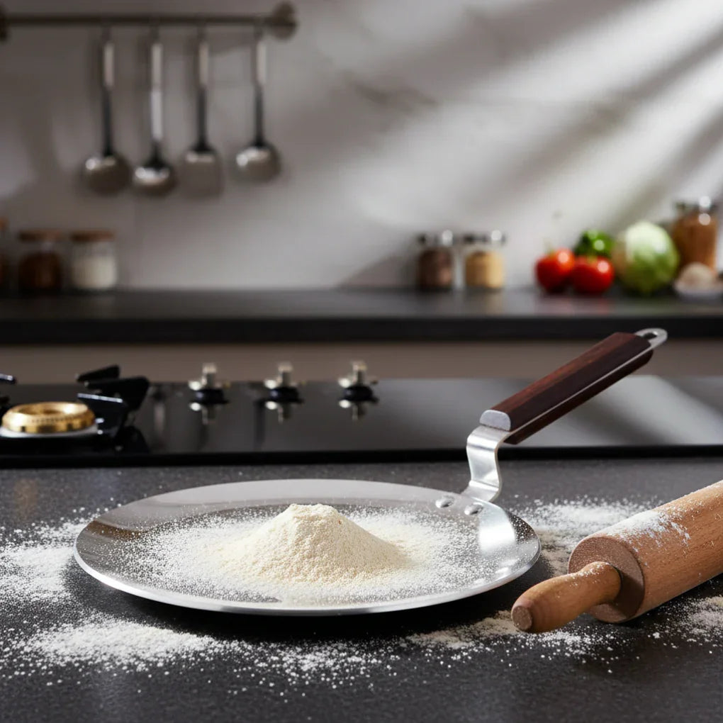 Stainless steel tawa with wooden handle on kitchen counter, flour and rolling pin nearby