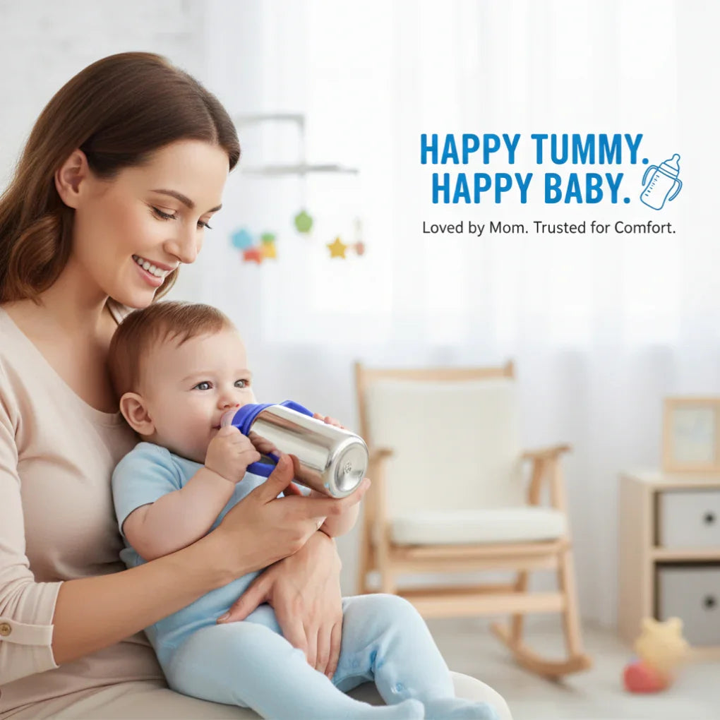 Mother feeding baby with stainless steel baby bottle in a bright, cozy nursery