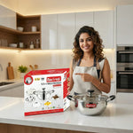 Load image into Gallery viewer, Smiling woman in kitchen pointing at Max Fresh Mini Multikadai steel cooking pot with glass lid