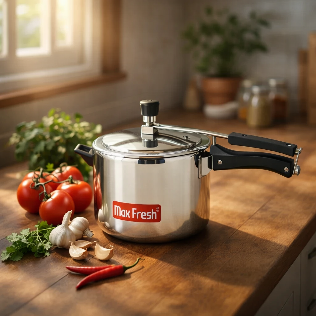 Stainless steel pressure cooker with black handles on kitchen counter beside tomatoes, garlic, and herbs