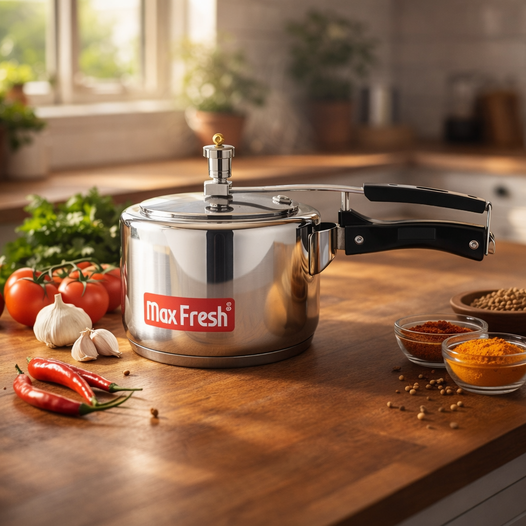 Stainless steel pressure cooker on kitchen counter with fresh vegetables and spices