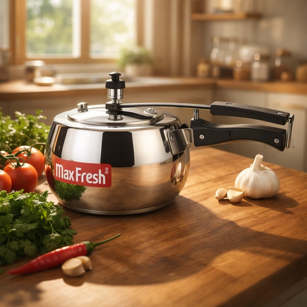 Stainless steel pressure cooker on a kitchen counter with fresh vegetables and garlic