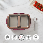 Stainless steel dual-compartment lunch box with airtight lid, spoon, and food safety icons