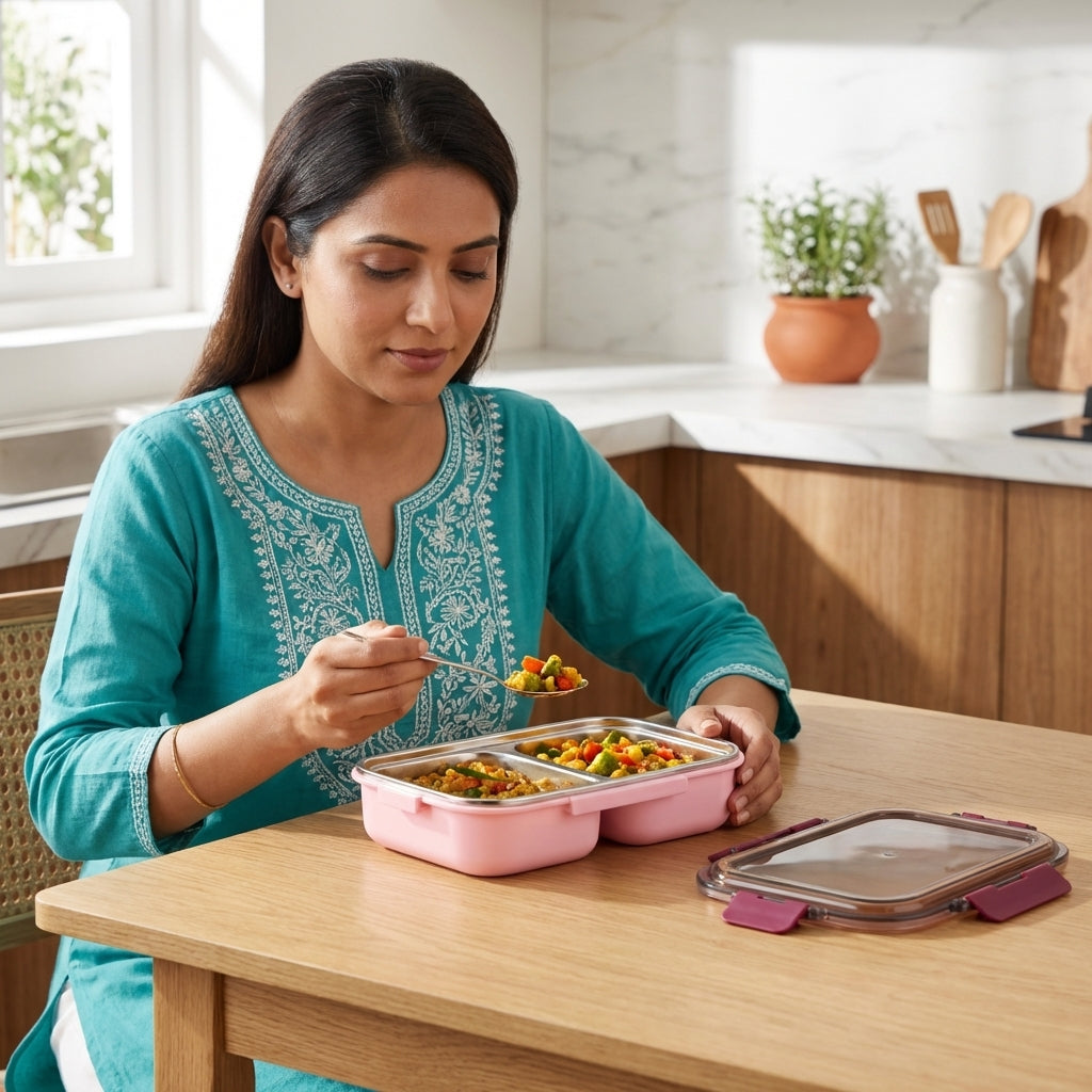 Woman eating lunch from a stainless steel lunch box with compartments in a modern kitchen