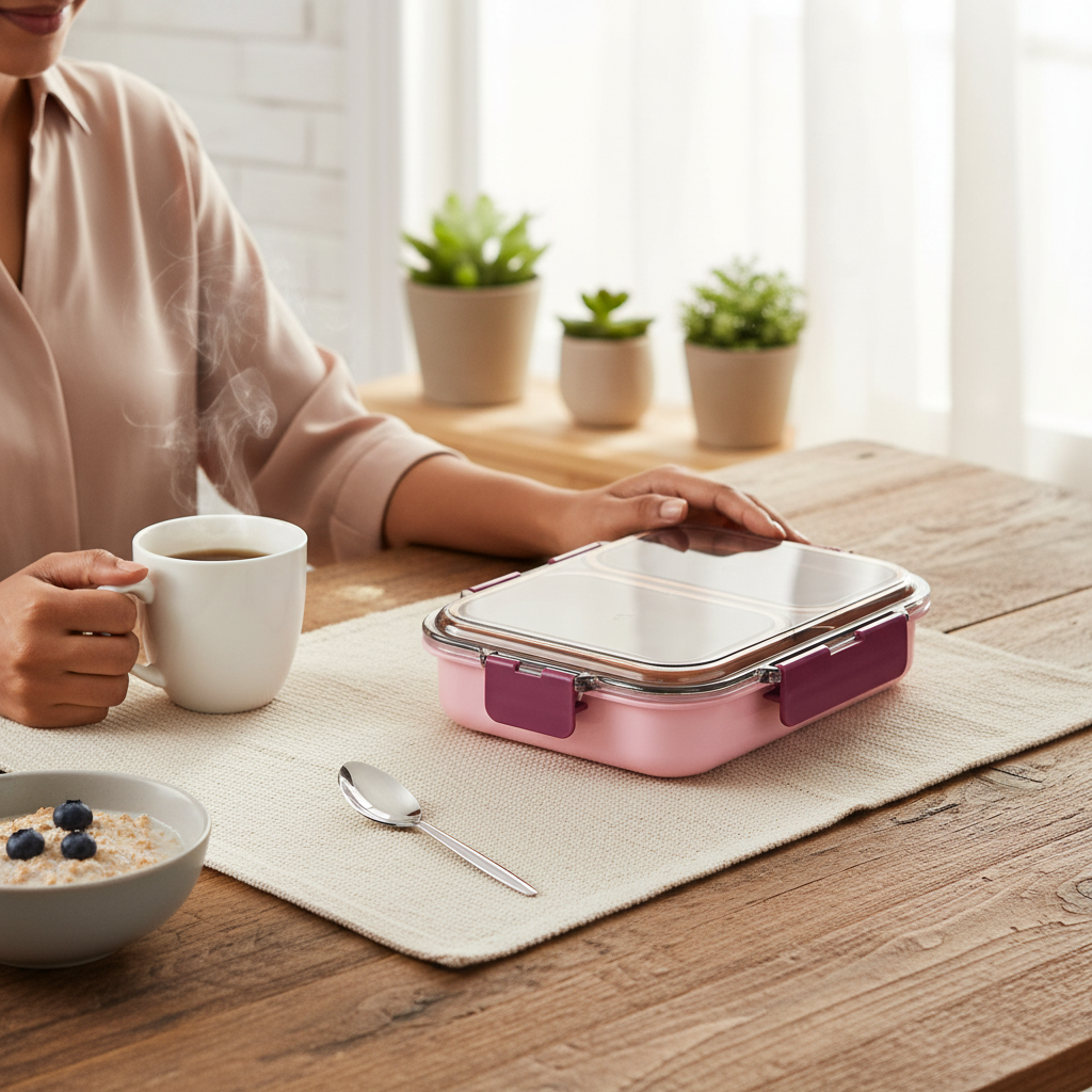 Stainless steel lunch box with pink lid on table beside coffee and oatmeal, cozy kitchen setting