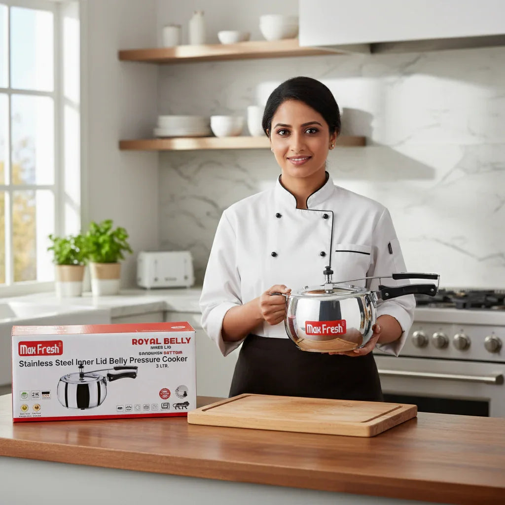 Chef holding stainless steel inner lid belly pressure cooker in modern kitchen