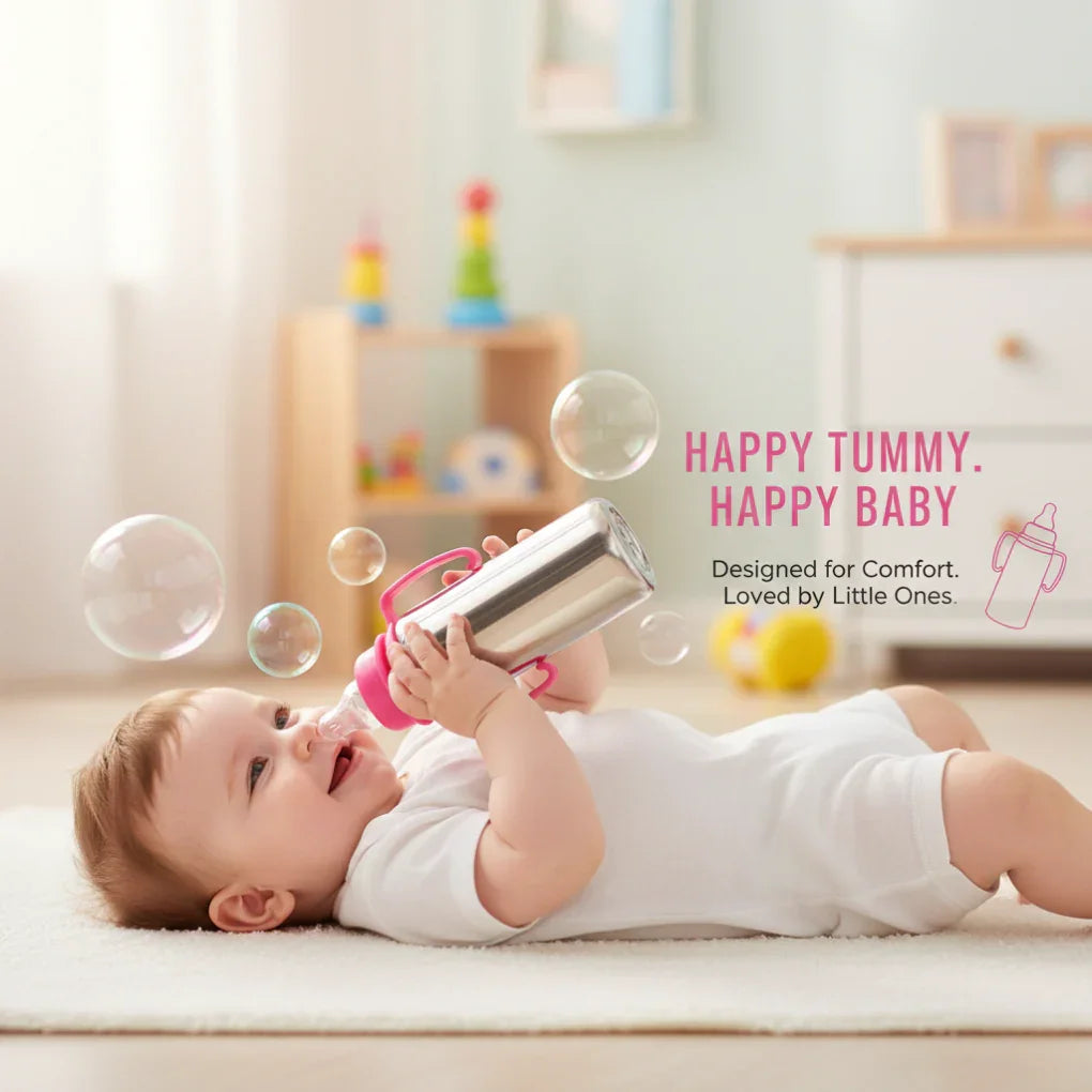 Baby lying on a rug holding a stainless steel feeding bottle with pink handles in a nursery.