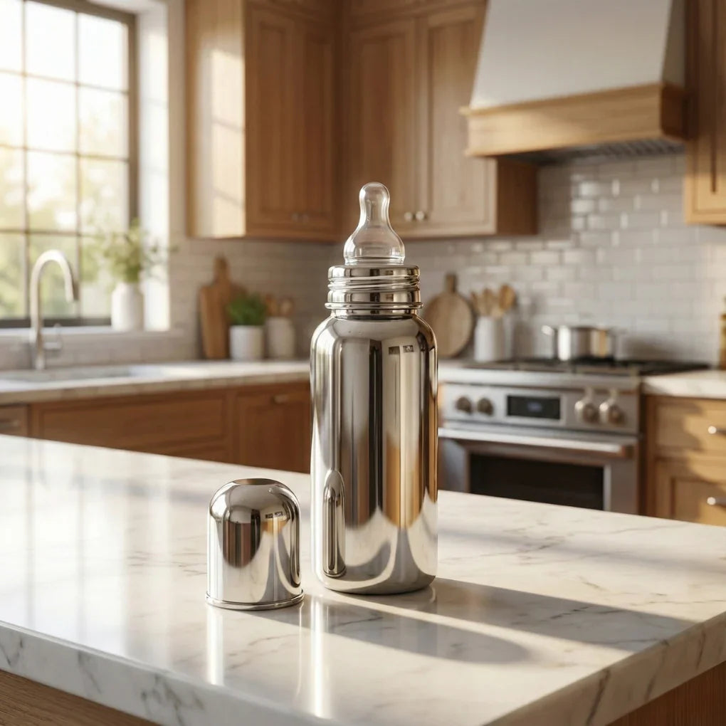 Stainless steel feeding bottle with silicone nipple and lid on kitchen counter